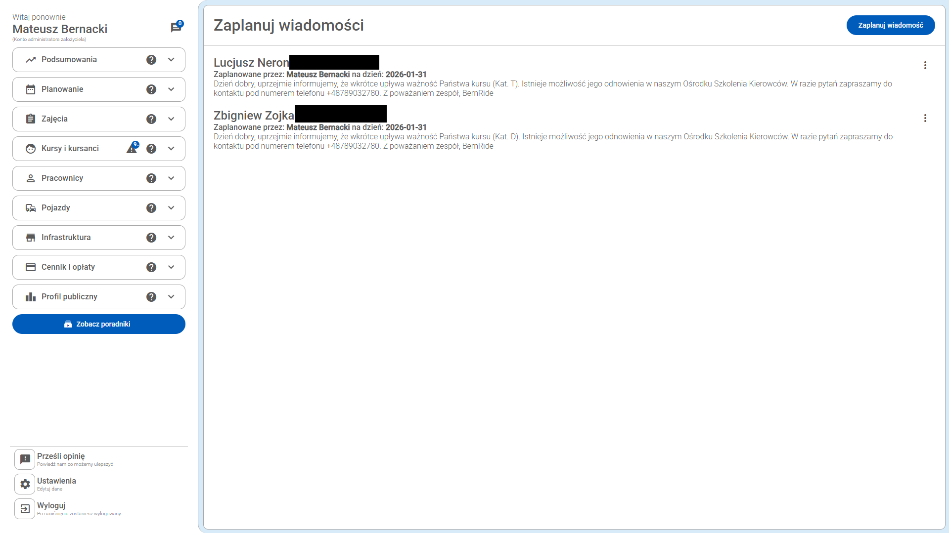 Planowanie wiadomości w aplikajci dla osk CarDriveManager